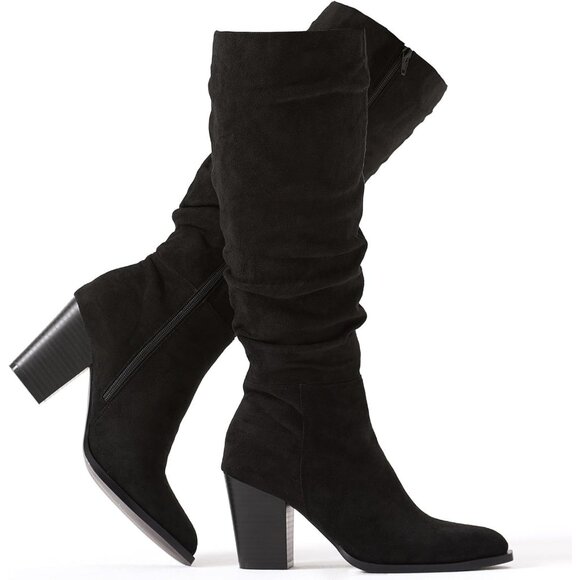 Shoes - Women's Black Putu Pointed Toe Knee High Faux Suede Slouch Chunky Heel Boots